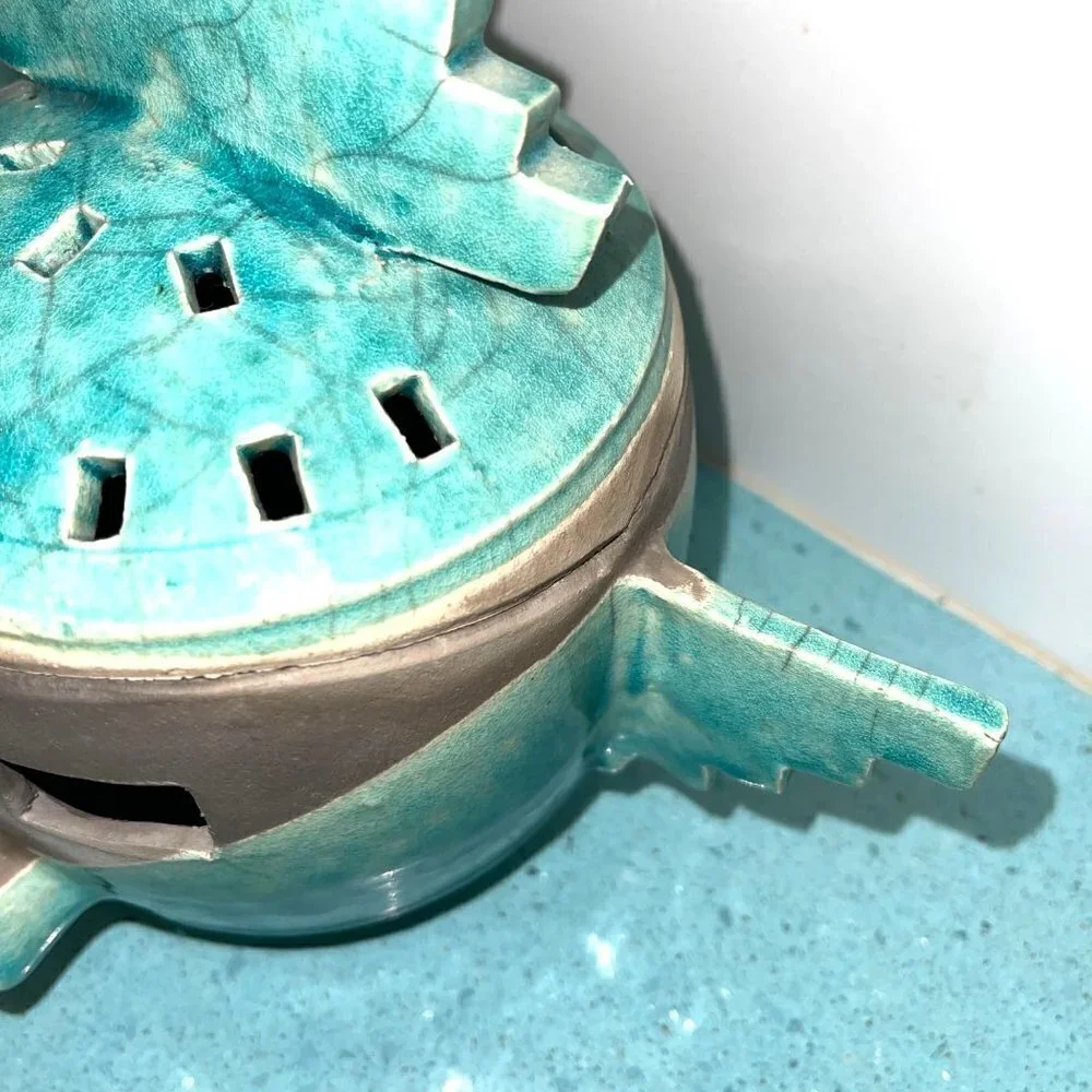 Barbara Heard Ceramic Lantern Signed Bird Head Blue Gray Handmade Pottery Candle